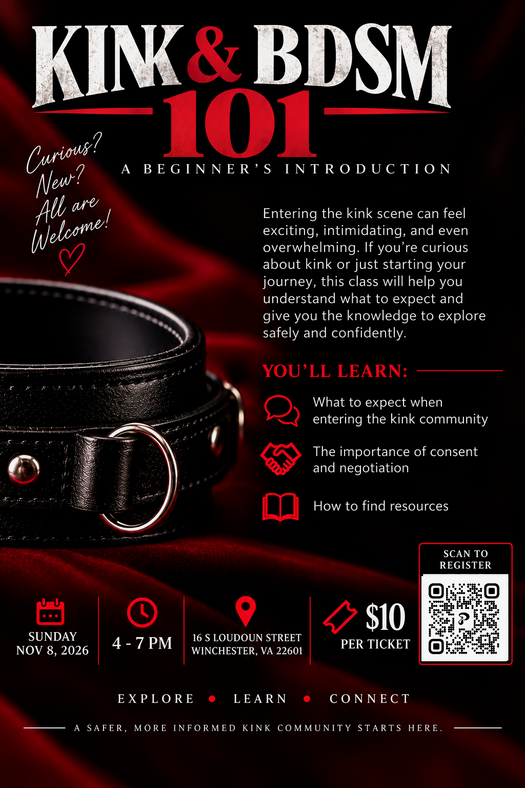 Kink & BDSM 101: A Beginner’s Introduction flyer. November 8, 2026, 4–7 PM at 16 S Loudoun Street, Winchester, VA. Tickets $10.