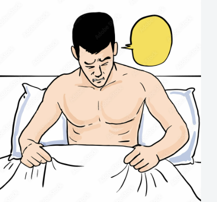 Illustration of a man sitting up in bed, looking concerned about his sexual performance
