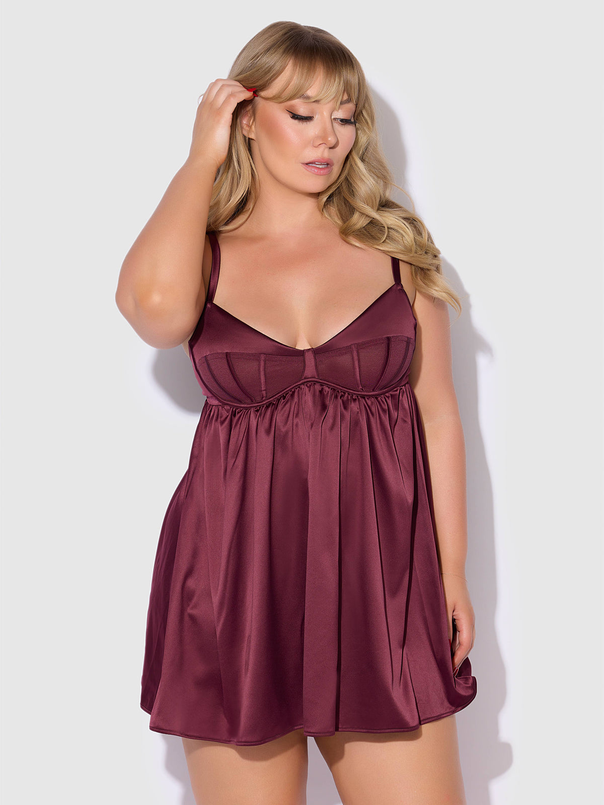 BRIGETA SATIN & MESH CORSETTED BABYDOLL & G-STRING SET