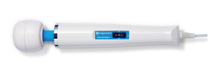 White and blue Magic Wand Original corded massager shown from the side