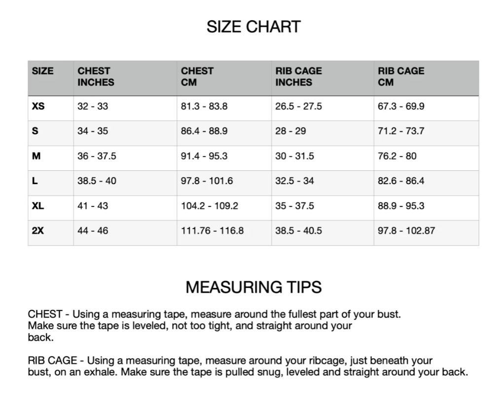 Compression tank size chart with chest and rib cage measurements and measuring tips