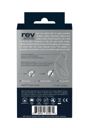 Back of VēDO Rev vibrating C-ring packaging showing product details