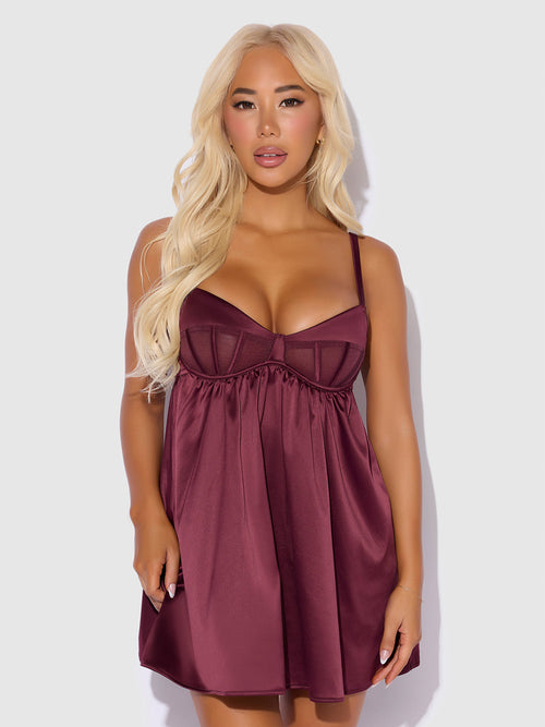 BRIGETA SATIN & MESH CORSETTED BABYDOLL & G-STRING SET