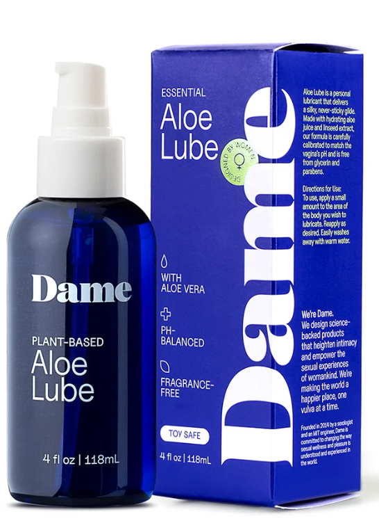 Dame Essential Aloe Lube 4 fl oz blue pump bottle beside packaging with aloe vera and pH-balanced details