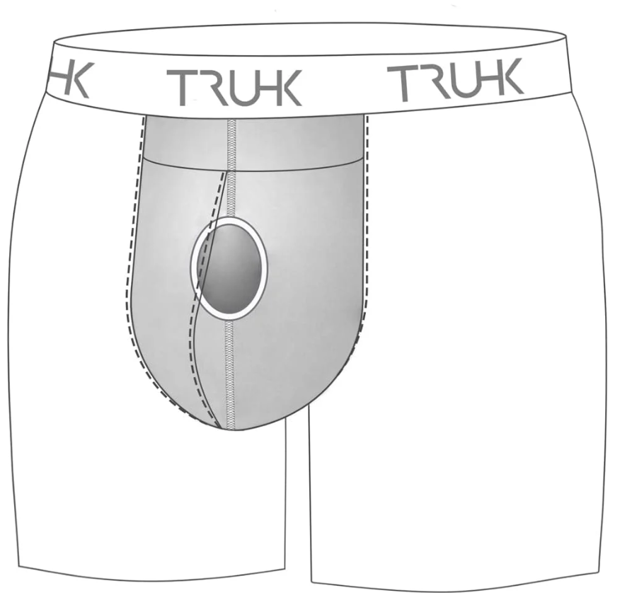 Diagram of TRU-HK boxer briefs showing the front pouch and O-panel position