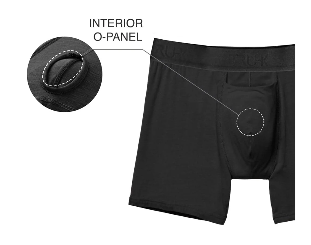 Product detail showing the interior O-panel in black TRU-HK boxer briefs