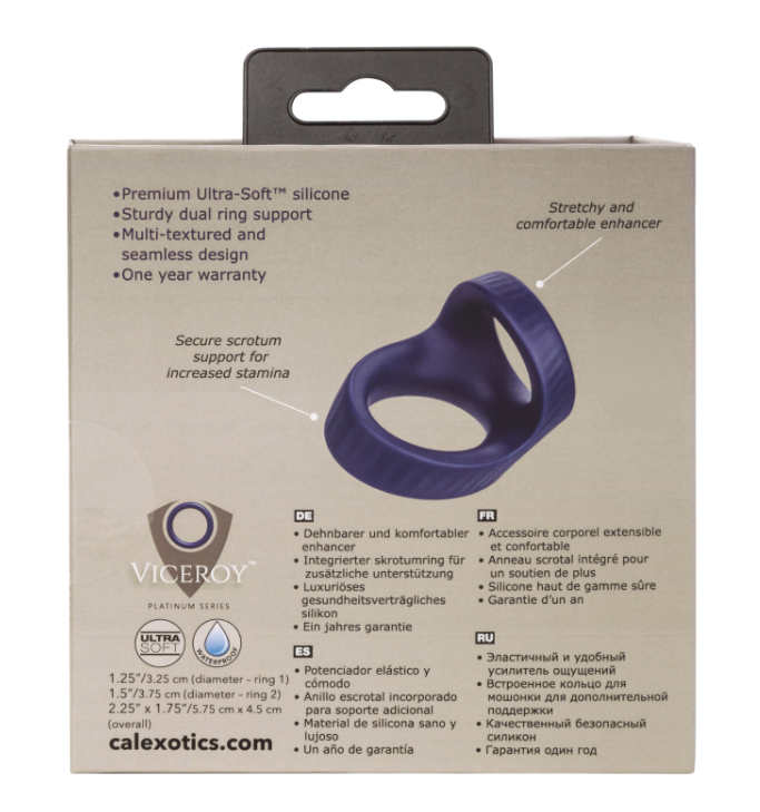 Back of Viceroy Max Dual Ring package with ring dimensions and features