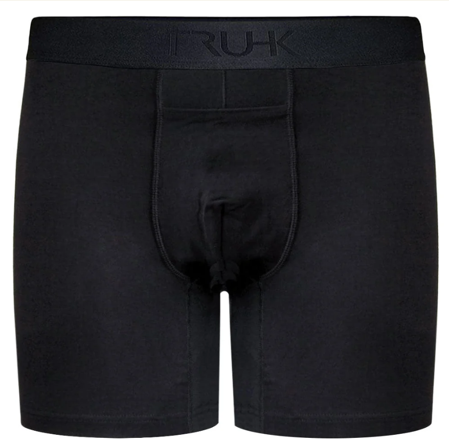 Front view of black TRU-HK boxer briefs with branded waistband
