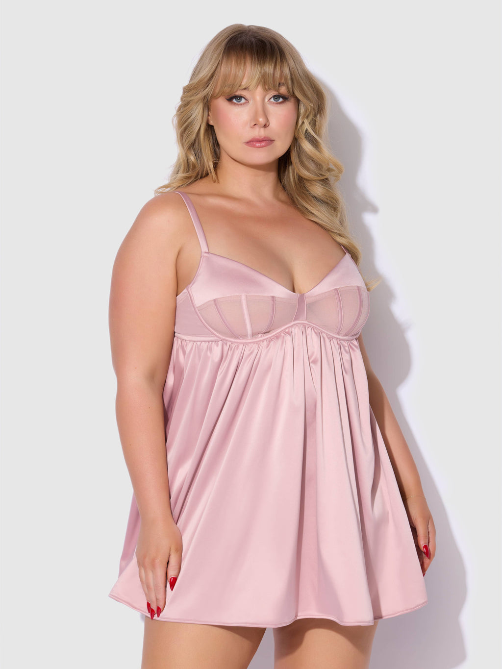 BRIGETA SATIN & MESH CORSETTED BABYDOLL & G-STRING SET