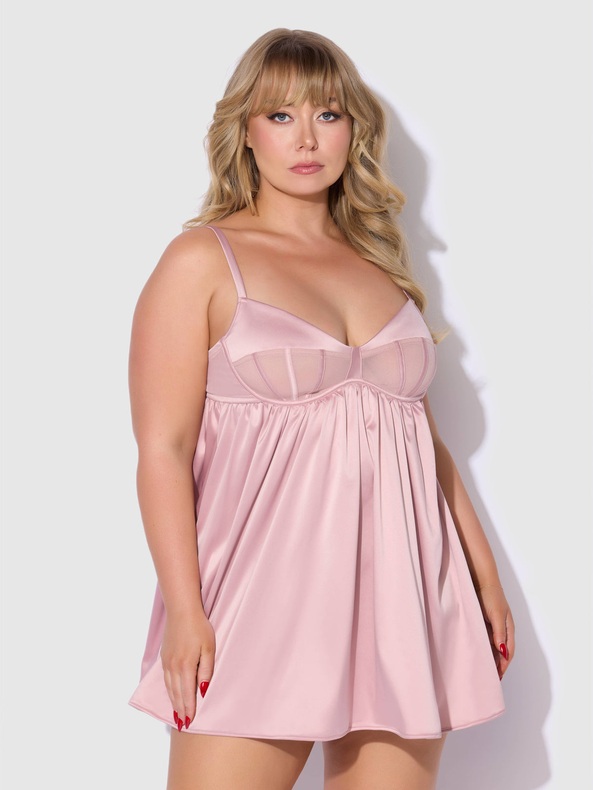 BRIGETA SATIN & MESH CORSETTED BABYDOLL & G-STRING SET