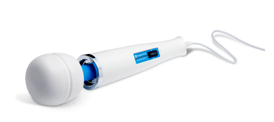 Magic Wand Original massager with white head, blue neck and visible power cord