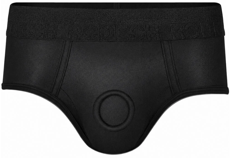 Front view of black RodeoH Luxe SwiftFit Brief+ Harness with wide branded waistband and O-ring