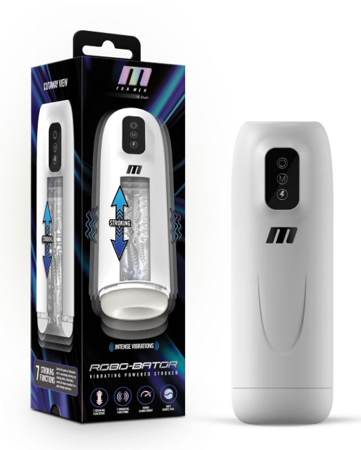 M for Men Robo-Bator powered stroker shown beside its packaging