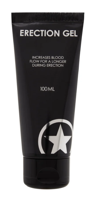 Black 100 ml Erection Gel tube with white lettering and star logo