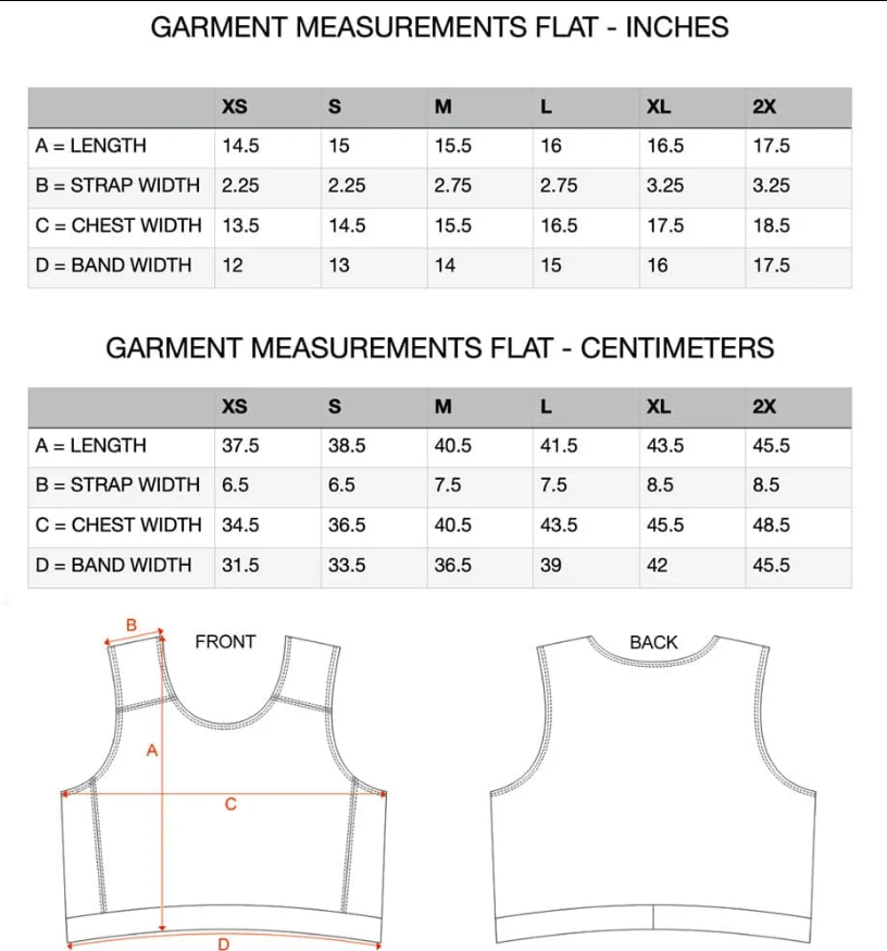 Compression tank garment measurements laid flat in inches and centimeters, sizes XS through 2X