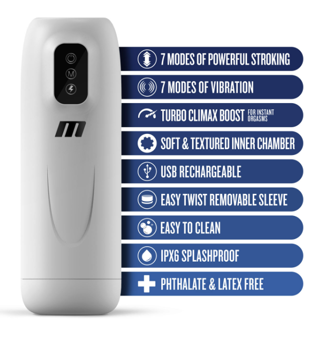 Robo-Bator feature diagram showing seven stroking modes, seven vibration modes, turbo boost and removable sleeve