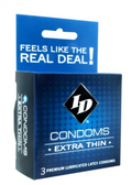 Blue ID Extra Thin package containing three premium lubricated latex condoms