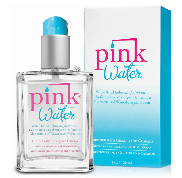 PINK Water water-based lubricant in clear 4 oz glass bottle beside pink and blue box
