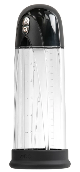VēDO rechargeable vacuum penis pump with clear chamber, black button controls and dark base
