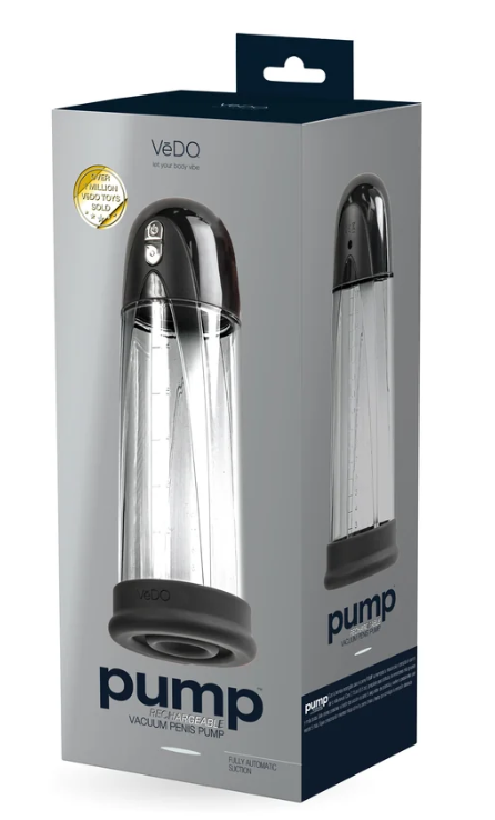 VēDO Pump Recharge vacuum penis pump shown on its retail packaging