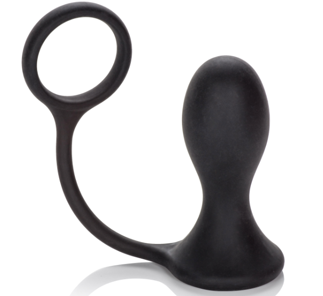 Close-up of black silicone prostate probe with flared base and attached support ring