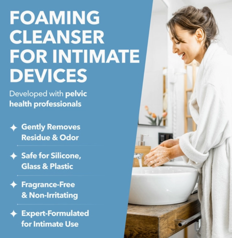 Intimate Rose foaming cleanser graphic listing gentle residue and odor removal and compatibility with silicone, glass and plastic